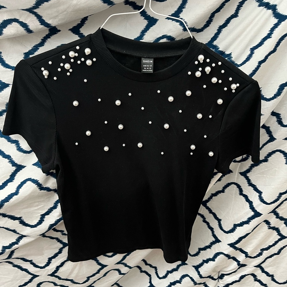 SHEIN Black w/ pearls sweater material shirt